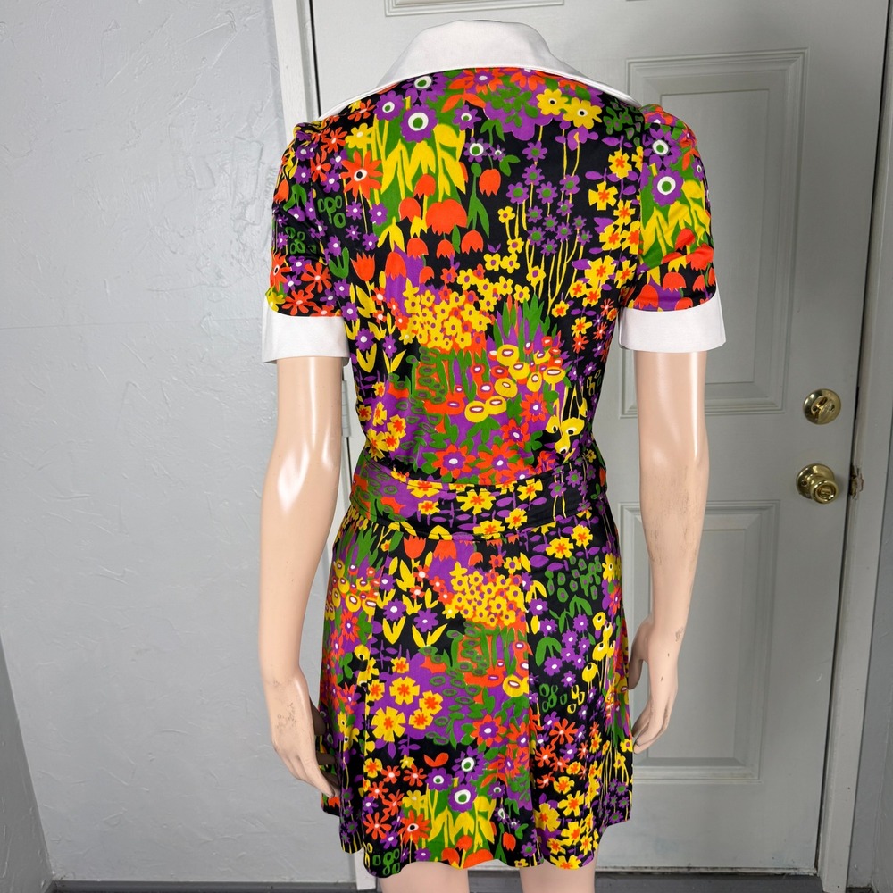 Vintage 70s Polyester Knit Mini Dress Party Skirt Top Set Floral Vibrant H3-18 - Picture 4 of 7